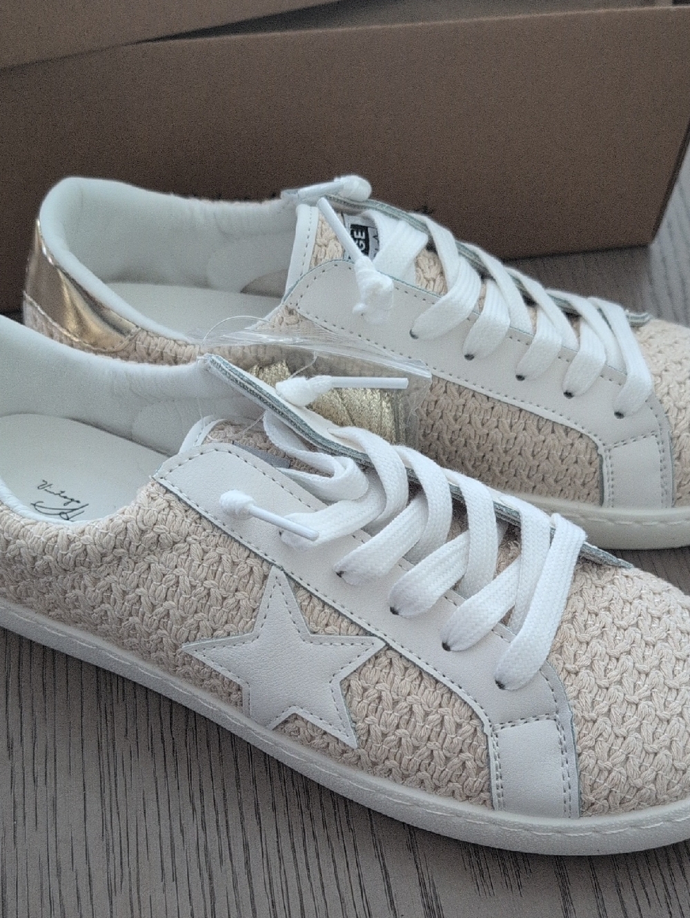 Woven Beige & White Star Lace-Up Women’s Sneaker